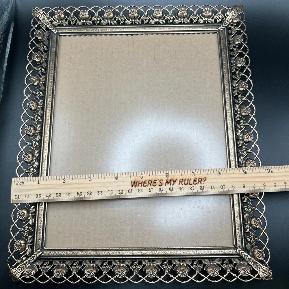 Vintage goldtone metal rose filigree picture frame 7”x9” MCM Ornate